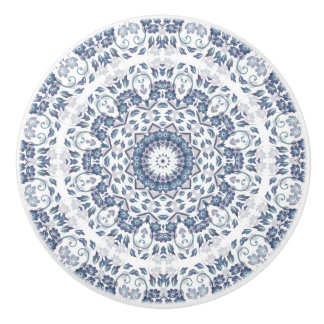 Bouton De Porte En Céramique Mandala Floral Bleu Poussiéreux