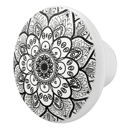 Bouton De Porte En Céramique Mandala Floral Noir (Droite)