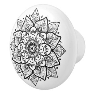 Bouton De Porte En Céramique Mandala Floral Noir Orné