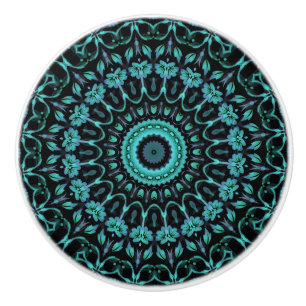 Bouton De Porte En Céramique Mandala Floral Turquoise Foncé