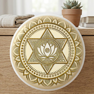 Bouton De Porte En Céramique Mandala Lotus d'Or Géométrie Sacrée