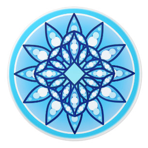 Bouton De Porte En Céramique Mandala motif en bleu turquoise, cobalt & blanc