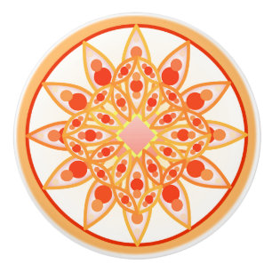 Bouton De Porte En Céramique Mandala motif en corail, orange et or