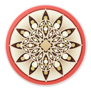 Bouton De Porte En Céramique Mandala motif en rose corail, chocolat et bronzage
