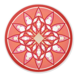 Bouton De Porte En Céramique Mandala motif en rose corail, rouge foncé et blanc