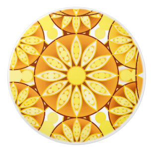 Bouton De Porte En Céramique Mandala motif, jaune, or et brun