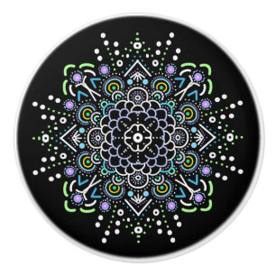 Bouton De Porte En Céramique Mandala noir, violet et vert
