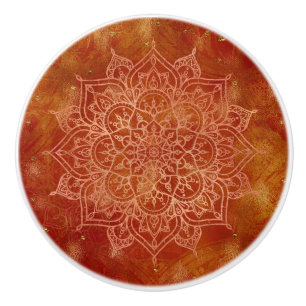 Bouton De Porte En Céramique Mandala orange et Glamour doré Moderne et Chic