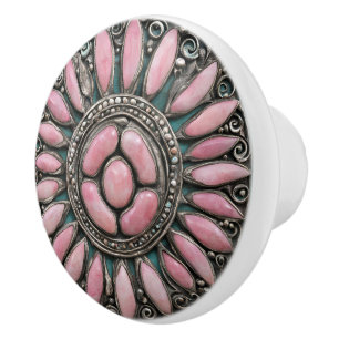 Bouton De Porte En Céramique Mandala royal en rose poli et bijou turquoise