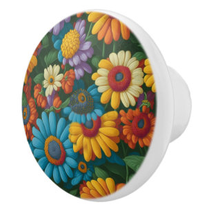 Bouton De Porte En Céramique Marguerites colorées de style les années 70 rétro
