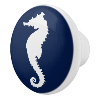 Bouton De Porte En Céramique Marine et White Seahorse Coastère Céramique marine