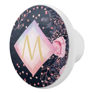 Bouton De Porte En Céramique Marine Rosegold Cadeaux Monogramme Girl Floral Ros