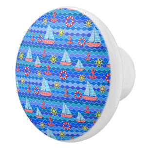 Bouton De Porte En Céramique Marine Vague Rouge Bleu Ancre Bateau Voilier Batea