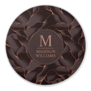 Bouton De Porte En Céramique Marron Chocolat & Or Rose Motif Vague Abstrait