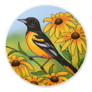 Bouton De Porte En Céramique MD State Bird Oriole & Black eyed Susan Flower