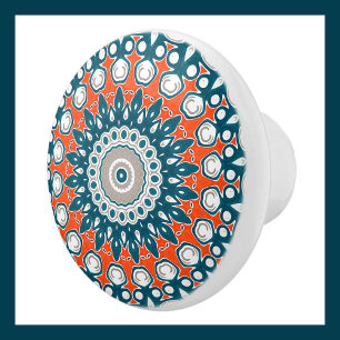 Bouton De Porte En Céramique Médaillon de kaléidoscope bleu et orange Mandala