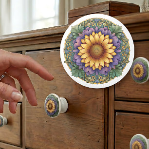 Bouton De Porte En Céramique Médaillon Tournesol Lavande Art Nouveau