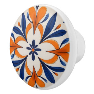 Bouton De Porte En Céramique Méditerranée Abstraite symétrique orange et bleu