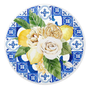 Bouton De Porte En Céramique Méditerranée Italie Sicile carreaux bleu avec ci