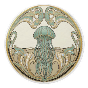 Bouton De Porte En Céramique Méduse verte crème et or Art Déco Nouveau