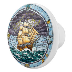 Bouton De Porte En Céramique Mer orageuse, Navire, Animaux marins, Nautique