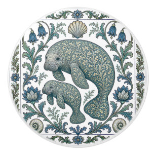 Bouton De Porte En Céramique Mère et bébé lamantin magnifiques, vintage orné