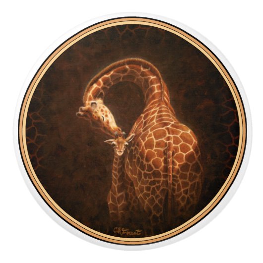 Bouton De Porte En Céramique Mère Giraffe et bébé (Devant)