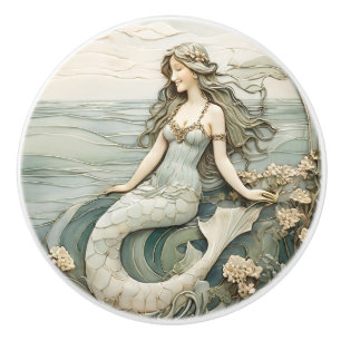 Bouton De Porte En Céramique Mermaid Art Nouveau Faux Relief Mint L Océan Mer