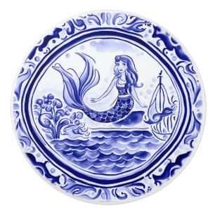 Bouton De Porte En Céramique Mermaid Bleu et blanc Art folklorique méditerranée