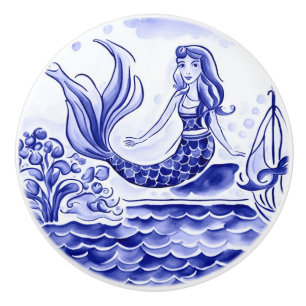 Bouton De Porte En Céramique Mermaid Bleu et blanc Art folklorique méditerranée