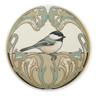 Bouton De Porte En Céramique Mésange Sage Vert & Or Art Déco Nouveau