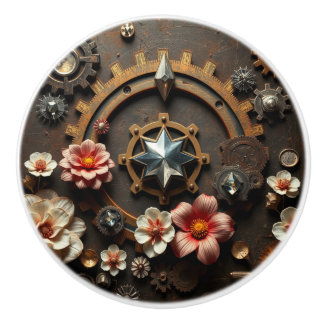 Bouton De Porte En Céramique Metal Gears, Pink Flowers, Steampunk Themed