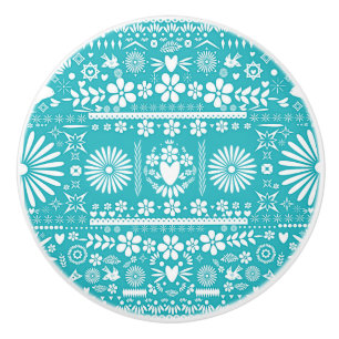 Bouton De Porte En Céramique Mexicain Picado Turquoise Bleu-vert Blanc Papier E