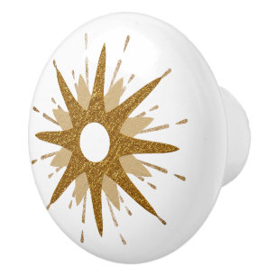 Bouton De Porte En Céramique Mi-siècle moderne Gold & White Starburst