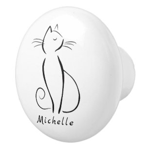 Bouton De Porte En Céramique Mini chat noir sur blanc nom d'ajout