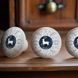 Bouton De Porte En Céramique Mintons Deer British Royal Blue Victorian Antler