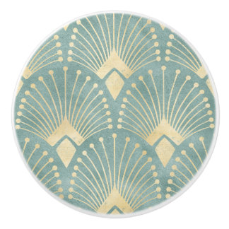 Bouton De Porte En Céramique Monnaie verte, or, Art Déco motif, vintage, rétro,
