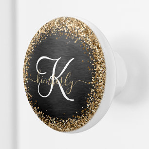 Bouton De Porte En Céramique Monogramme à étincelle noire à Parties scintillant