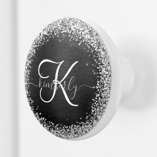 Bouton De Porte En Céramique Monogramme à étincelle noire à Parties scintillant