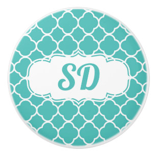 Bouton De Porte En Céramique Monogramme à motif quatrefeuilles turquoise maroca