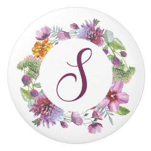 Bouton De Porte En Céramique Monogramme de couronne de fleurs violettes