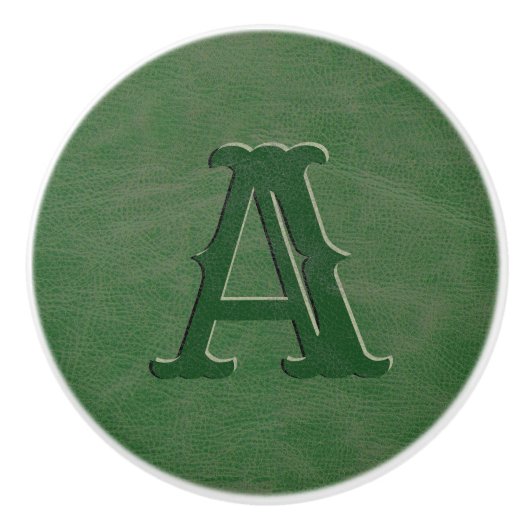 Bouton De Porte En Céramique Monogramme en cuir vert rustique (Devant)