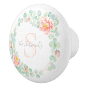 Bouton De Porte En Céramique Monogramme Eucalyptus Feuille Peony Floral Peach S