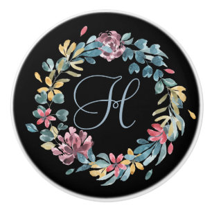 Bouton De Porte En Céramique Monogramme floral bleu et rose