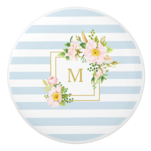 Bouton De Porte En Céramique Monogramme Floral Chic Pastel Bleu Stripes