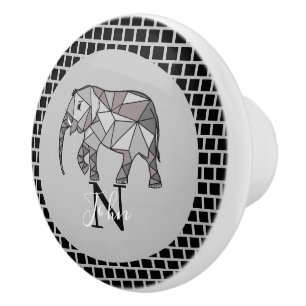 Bouton De Porte En Céramique Monogramme Graphique mignon Eléphant Noir personna