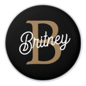 Bouton De Porte En Céramique Monogramme moderne élégant Nom Black Gold Script (Devant)
