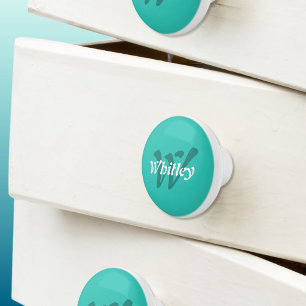 Bouton De Porte En Céramique Monogramme Moderne Nom Turquoise Vert Blanc