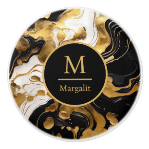 Bouton De Porte En Céramique Monogramme noir blanc et or faux marbre