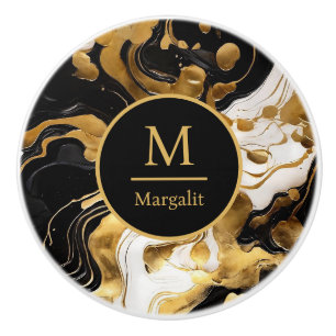 Bouton De Porte En Céramique Monogramme noir blanc et or faux marbre 